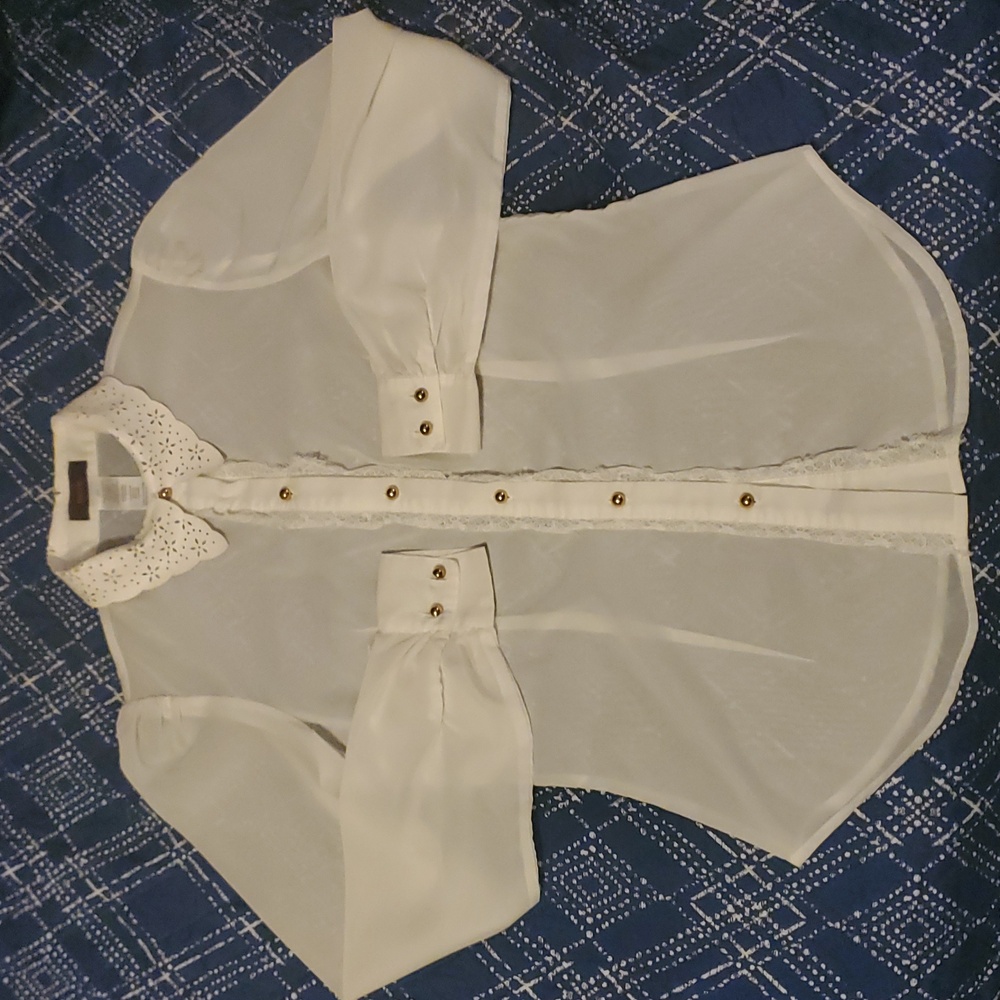 Sheer White Lace Accent Collar Gold Button Long Sleeve Blouse